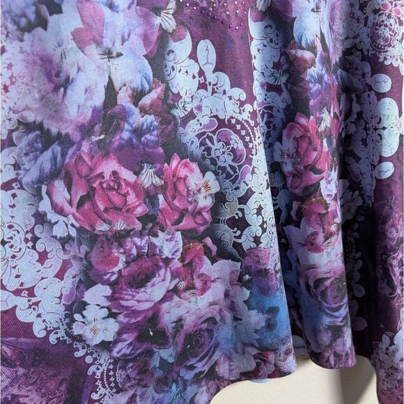 Oneworld Purple & Blue Floral Rhinestone Sublimation Floral Sweater Tunic Top 1X - Picture 5 of 7